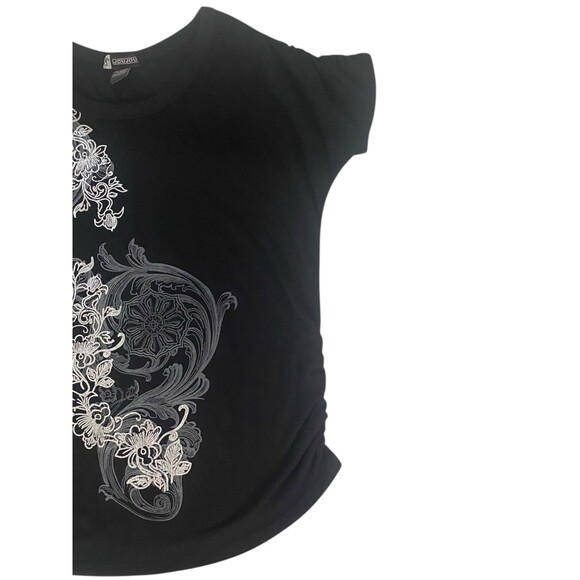 Joujou Womens Top Size 3X Ruched Arms & Sides Black w/Silver Grey Floral Detail - Picture 9 of 10